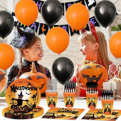 Halloween Party Tableware Set 8 People Plates Knives Forks Spoons Straws Napkins 20 Balloons Orange Black