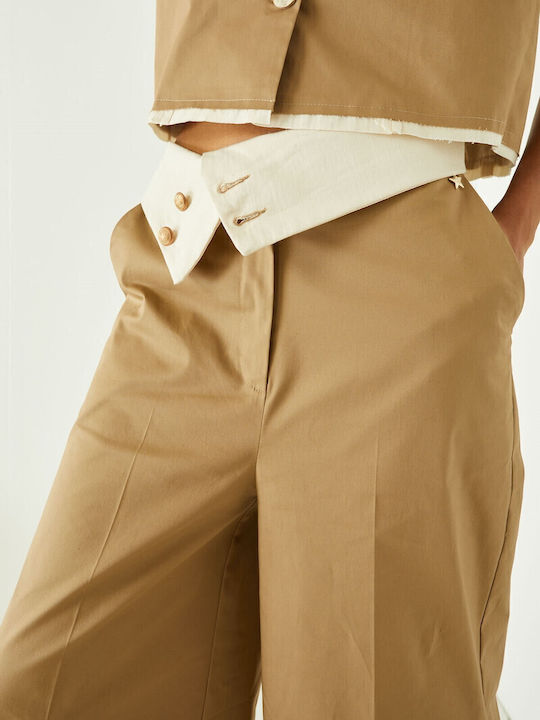 Damen Hoch tailliert Stoff Hose Beige