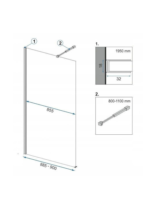 Rea Διαχωριστικό Ντουζιέρας 90x195cm Mat Black