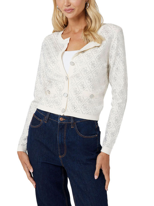 Guess Long Women's Knitted Cardigan with Buttons Ecru