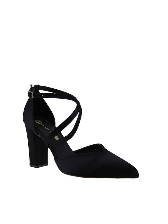 Stefania Pointed Toe Black Heels with Strap