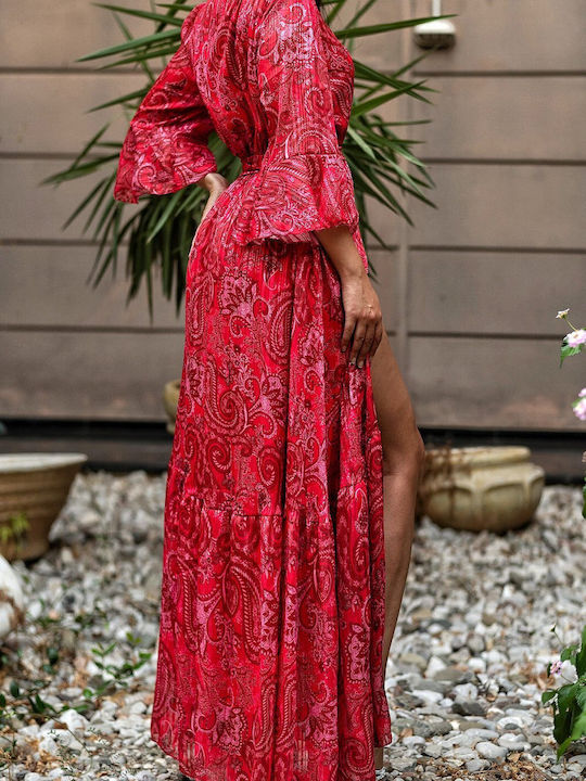 Esther Red Maxi Lurex Print Wrap Dress