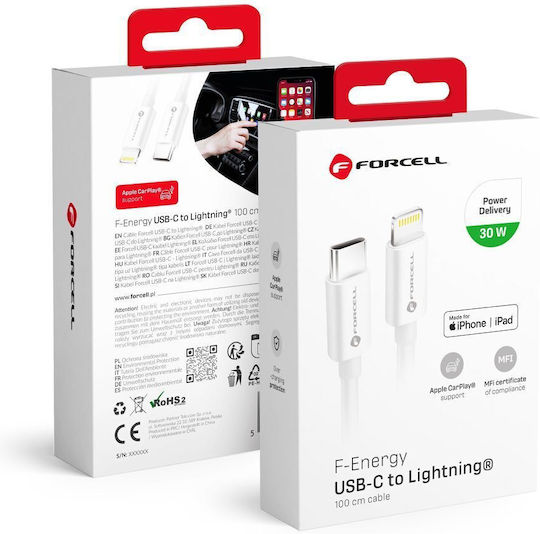 Forcell Редовна USB-C към Lightning кабел 30W Бял 1м (C901 MFI)