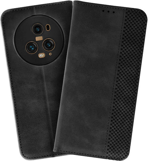 Schwarze Brieftaschenhülle mit gewebtem Muster und Video-Unterstützung für Honor Magic 5 Pro