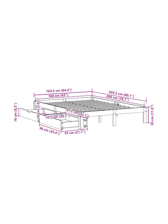 Vidaxl Bed Frame with Drawers Without Mattress 160x200cm 1 Piece Double Brown