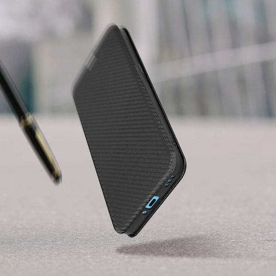 Husă tip folio Oppo Reno 5 Pro 5G cu suport pentru carduri și stand efect carbon negru