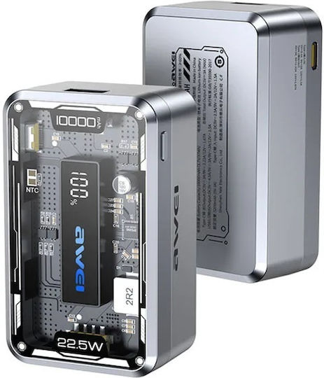 Awei P111K Power Bank 10000mAh 22.5W with 2 USB-A Ports and USB-C Port Silver