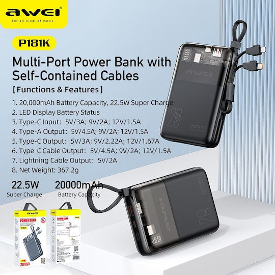 Awei P181K Power Bank 20000mAh 22.5W with USB-A Port and USB-C Port Black