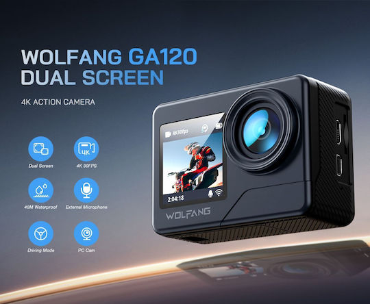 Wolfang GA120 Action Camera 4K Ultra HD Underwater with Screen and Wi-Fi Black