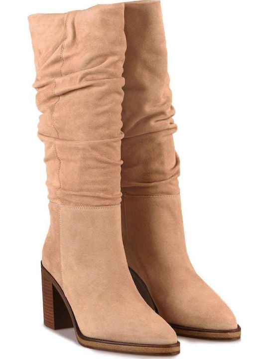 Wildleder Damenstiefel mit hohem Absatz Beige