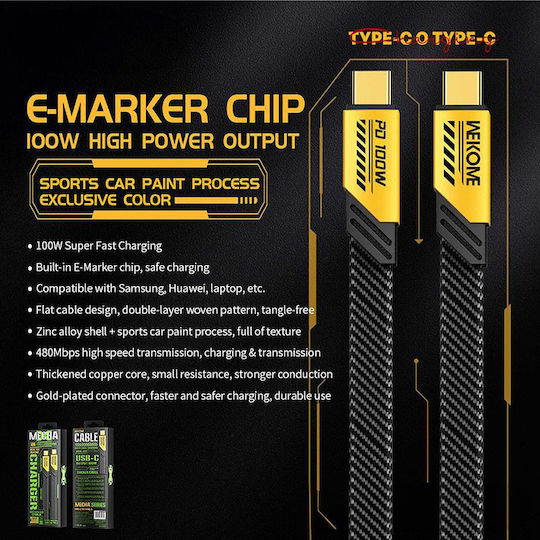 WK Braided USB 2.0 Cable USB-C Male - USB-C 100W PD Yellow 1.2m