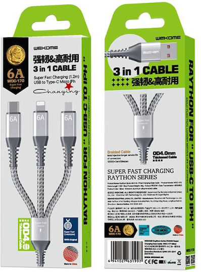 WK Braided USB to Type-C / Lightning / micro USB 1.2m 6A Cable Gray (WK-WDC-170_SILVER)