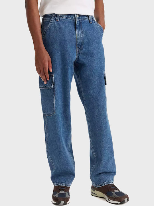 568 Ανδρικό Παντελόνι Τζιν Cargo με Loose Straight Εφαρμογή Stonewashed Denim