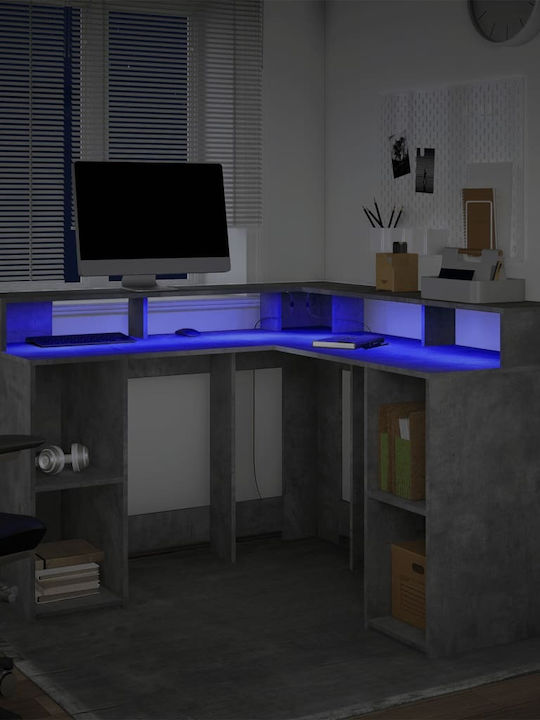 Ecke Schreibtisch Holz Grey Concrete mit LED & USB-Anschlüssen 130x130x91cm