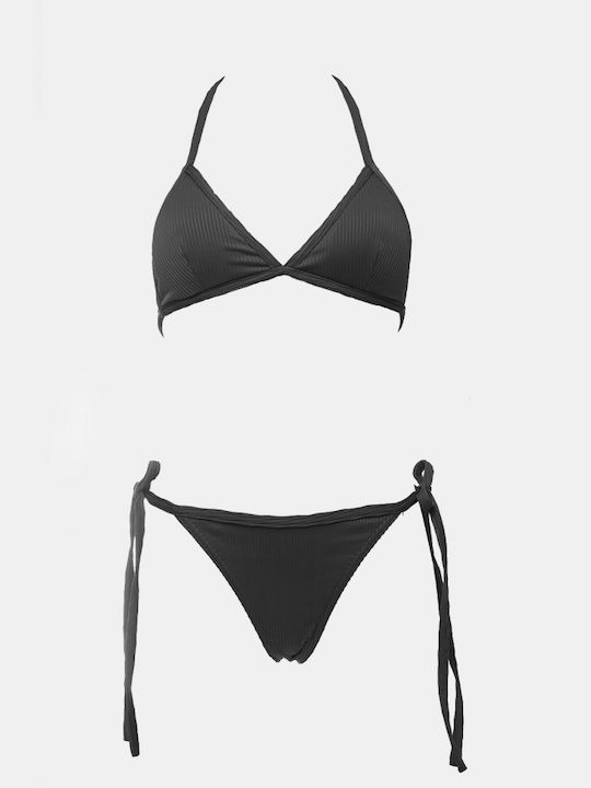 Set Bikini Triunghiular Nervurat Negru