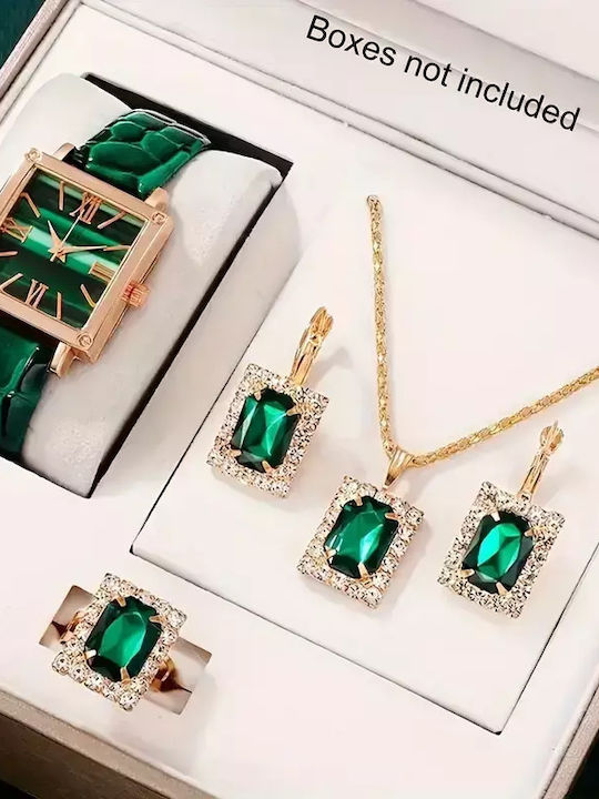 Grünes Uhr-Halskette-Rhinestone-Ohrringe-Geschenkset
