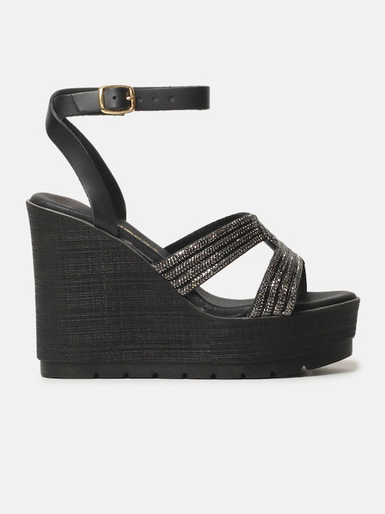 Leather High Platforms with Strass Black