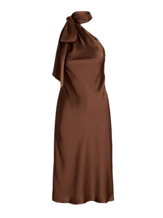 Ralph Lauren Dress Midi Βραδινό Φόρεμα Σεμιζιέ Σατέν Terracotta