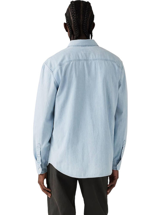 Authentic Long-sleeved Denim Shirt in Wide Line Light Indigo