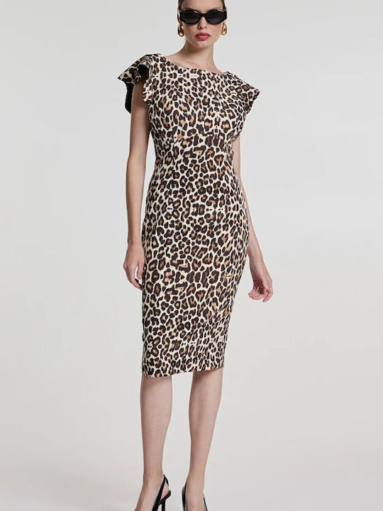 Midi Evening Dress with Ruffles Beige