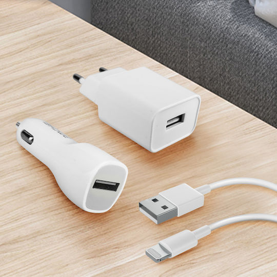 2.1A Ladegerät Kit + 2.1A Autoladegerät + 1m Lightning Kabel Weiß