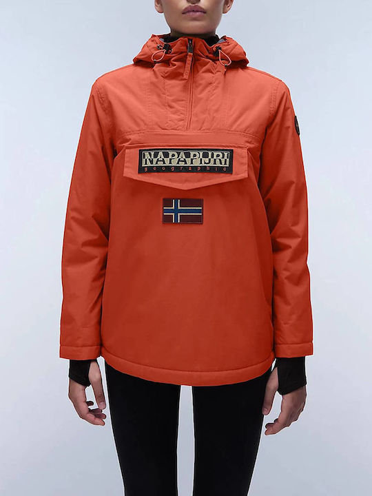 Napapijri Rainforest Women's Short Lifestyle Jacket Waterproof and Windproof for Spring or Autumn with Hood Orange Red