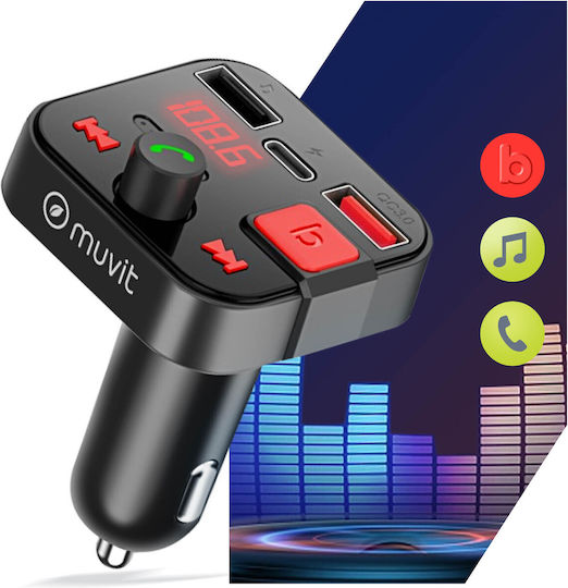 Muvit Bluetooth FM Transmitter Car Charger USB USB-C Port Black