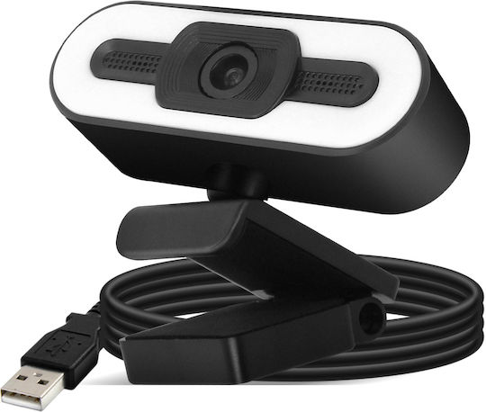 Webcam Usb 1080p Hd Wide Angle Led Light Microphone Rotating Black