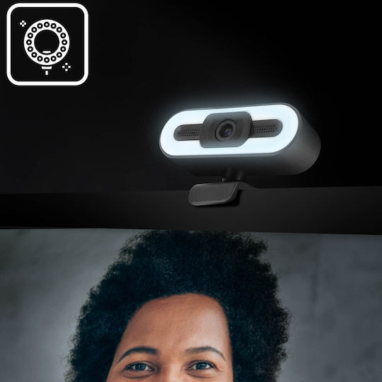 Webcam Usb 1080p Hd Wide Angle Led Light Microphone Rotating Black