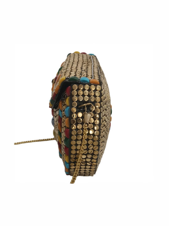 Geantă de Damă Medie Crossbody Bronz Aurie cu Pietre Multicolore pentru Toată Ziua