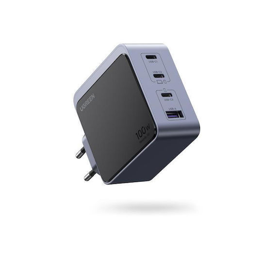 Ugreen Φορτιστής Χωρίς Καλώδιο GaN με Θύρα USB-A και 3 Θύρες USB-C 100W Power Delivery / Quick Charge 4.0 Γκρι (X565)