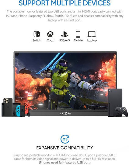 Arzopa A1 IPS Φορητό Monitor 15.6" FHD 1920x1080