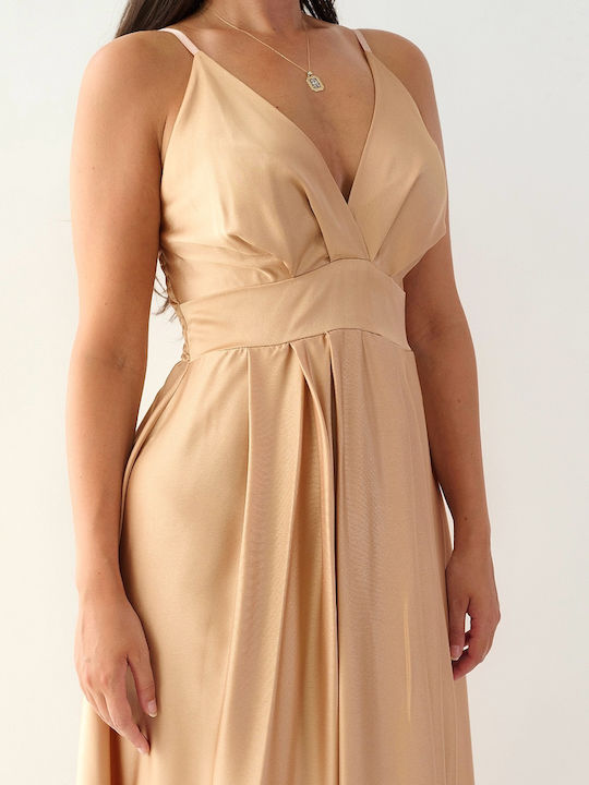 Silva Beige Maxi Satinisiertes Ausgestelltes Kleid