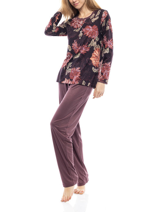 Women's Pyjamas Pink Label Printed Top Purple Pants Cotton Regular Fit