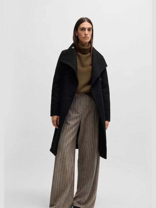 Wool Women's Black Coat with Buttons