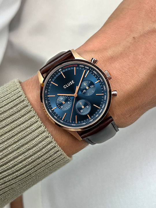 Cluse Ανδρικό Ρολόι 42mm Μπαταρίας με Καφέ Δερμάτινο Λουράκι