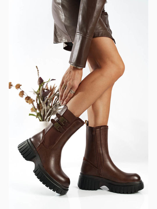 Brown High Ankle Boots with Double Buckle & Elastic