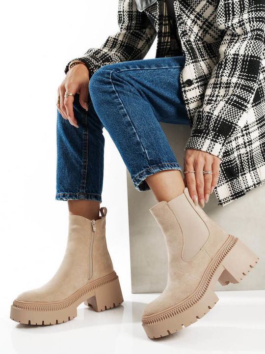 Beige Suede Ankle Boots with Lug Sole