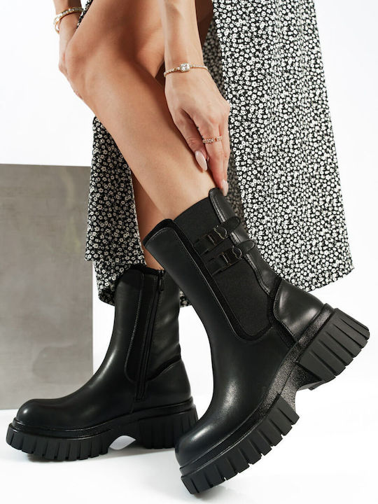 Black High Ankle Boots with Double Buckle & Elastic