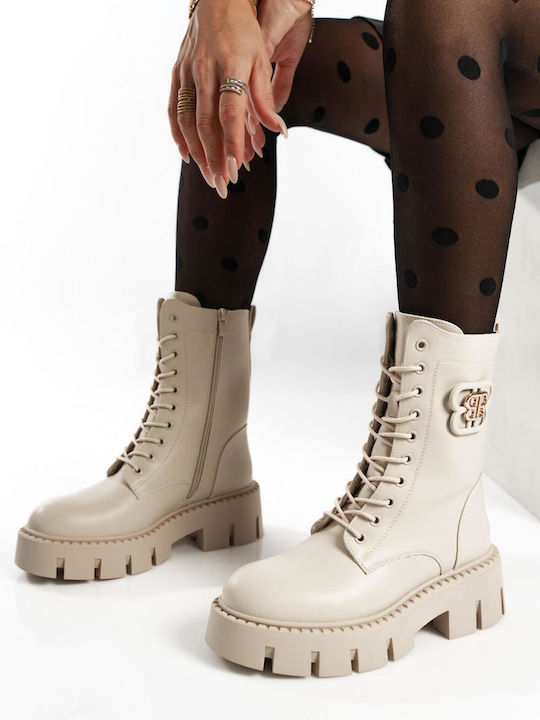 Beige Matte Elegant Ankle Boots with Lug Sole