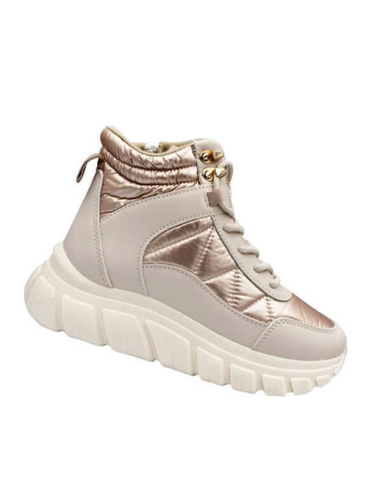 Leather Kids Snow Boots with Zipper Beige