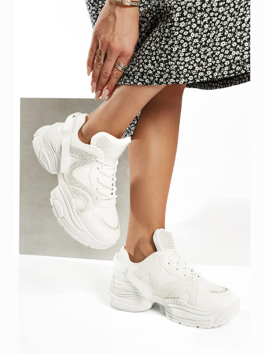 White Chunky Sneakers with Rhinestone Details