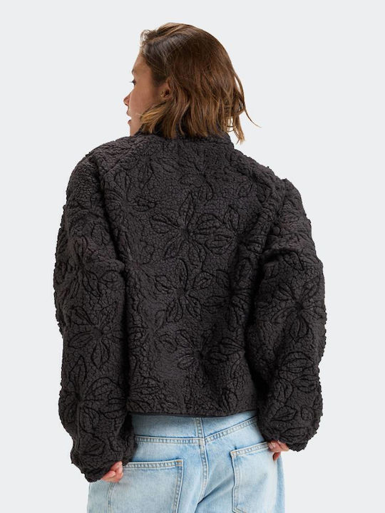 Blurry Cloud Short Women's Cardigan with Zipper Black