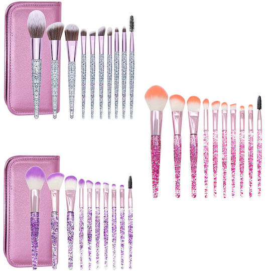 10 Make-up-Pinsel mit transparenten Griffen und Kristallen Pink/Grün + Etui