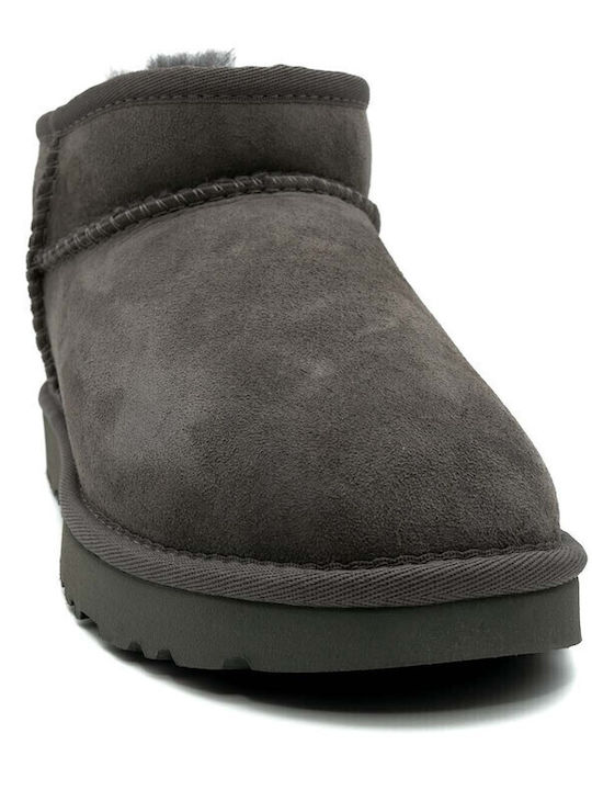 Classic Ultra Mini Leather Women's Ankle Boots with Fur Gray