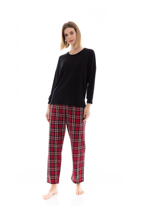 Pink Label Winter Damen Pyjama-Set Red, Black