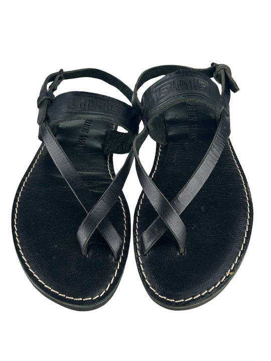 Yfantidis Leather Women's Flat Sandals in Black Color