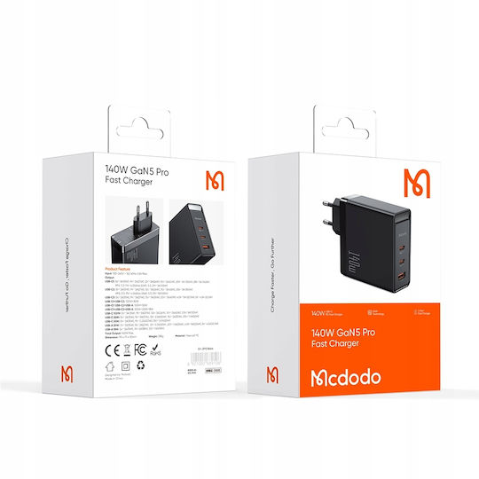 Mcdodo Φορτιστής Χωρίς Καλώδιο GaN με Θύρα USB-A και 2 Θύρες USB-C 140W Μαύρος (GaN CH-2911)
