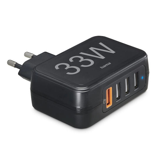 HAMA Charger Without Cable with 4 USB-A Ports 33W Quick Charge 3.0 / Power Delivery Blacks (00201629)