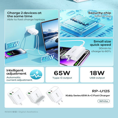 Remax Charger Without Cable with USB-A Port and USB-C Port 65W Power Delivery White (RP-U125)